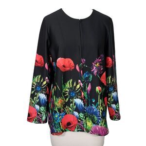 Peck and Peck Cardigan Jacket Black Floral Colorful Long Sleeve Womens Large